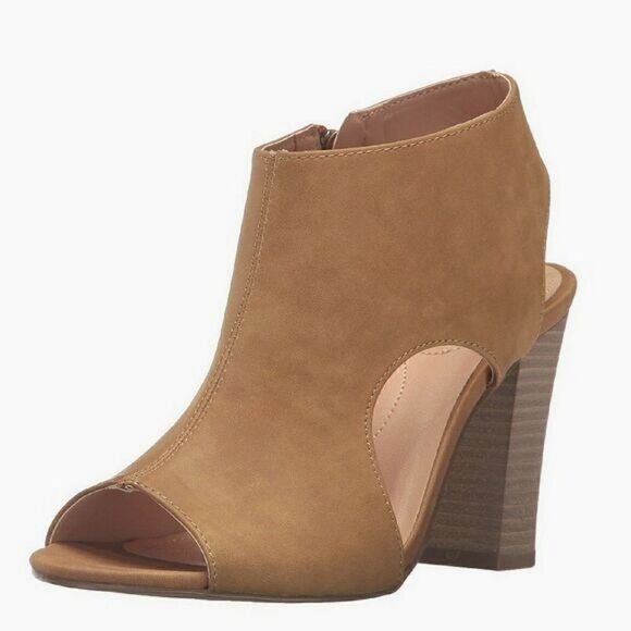 New! XOXO Cutout Peep-Toe Slingback Bootie Tan Brown Sandals Shoes Block Heels - Picture 2 of 8